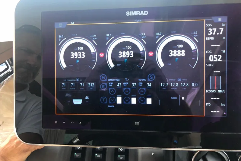  Yacht Photos Pics Simrad display on 2020 Azimut Nexus X47 showing engine and navigation data.