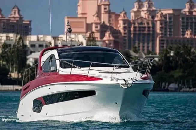  Yacht Photos Pics Luxury Azimut Nexus X47 yacht cruising near iconic architecture, 2020 model.