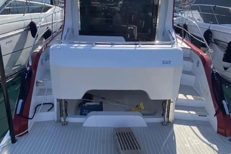  Yacht Photos Pics Azimut Nexus X47 2020 yacht rear view, docked with open deck and modern design.