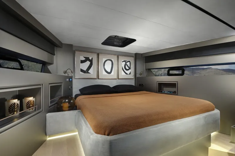  Yacht Photos Pics Luxurious bedroom interior of 2025 Mazu Yachts Mazu 82 with modern decor.