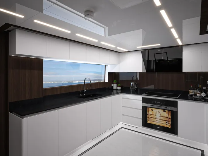 Lazzara Uhv 100 Yacht Photos Pics Modern kitchen interior on Lazzara UVH 100 yacht, 2026 model, featuring sleek design and ocean view.