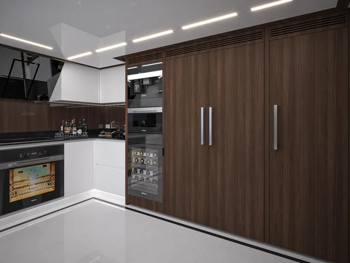 Lazzara Uhv 100 Yacht Photos Pics Modern kitchen interior in Lazzara UVH 100 yacht, 2026 model, featuring sleek wood cabinetry.