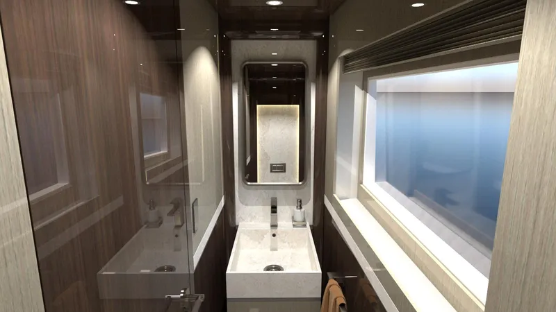 Lazzara Uhv 100 Yacht Photos Pics Modern bathroom interior on 2026 Lazzara UVH 100 yacht, featuring sleek design and ocean view.