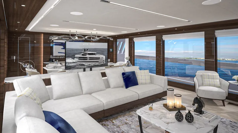 Lazzara Uhv 100 Yacht Photos Pics Luxurious interior of 2026 Lazzara UVH 100 yacht with ocean view and elegant furnishings.