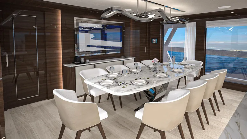 Lazzara Uhv 100 Yacht Photos Pics Luxurious dining area on 2026 Lazzara UVH 100 yacht with elegant table setting.