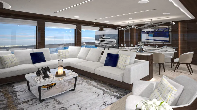 Lazzara Uhv 100 Yacht Photos Pics Luxurious interior of 2026 Lazzara UVH 100 yacht with modern furnishings and ocean view.