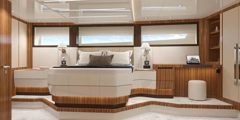 Lazzara Uhv 100 Yacht Photos Pics Luxurious bedroom interior of 2026 Lazzara UVH 100 yacht with modern design and wood accents.