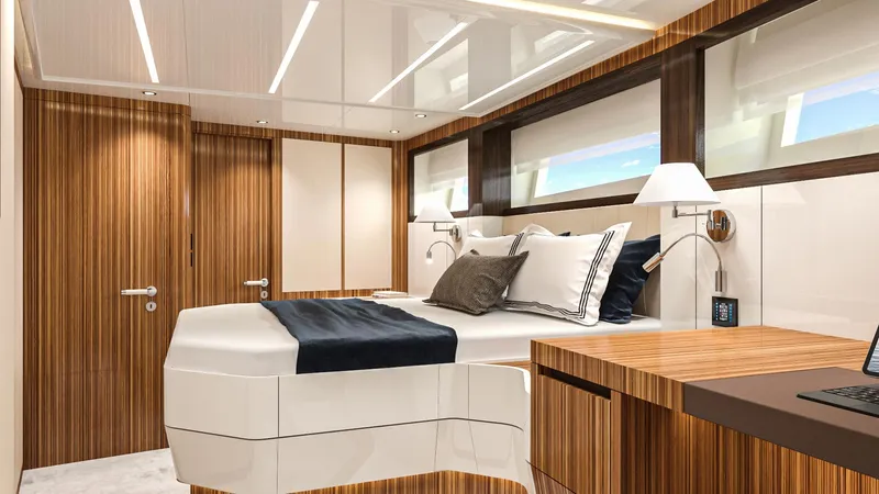 Lazzara Uhv 100 Yacht Photos Pics Luxurious cabin interior of 2026 Lazzara UVH 100 yacht with modern wood accents.