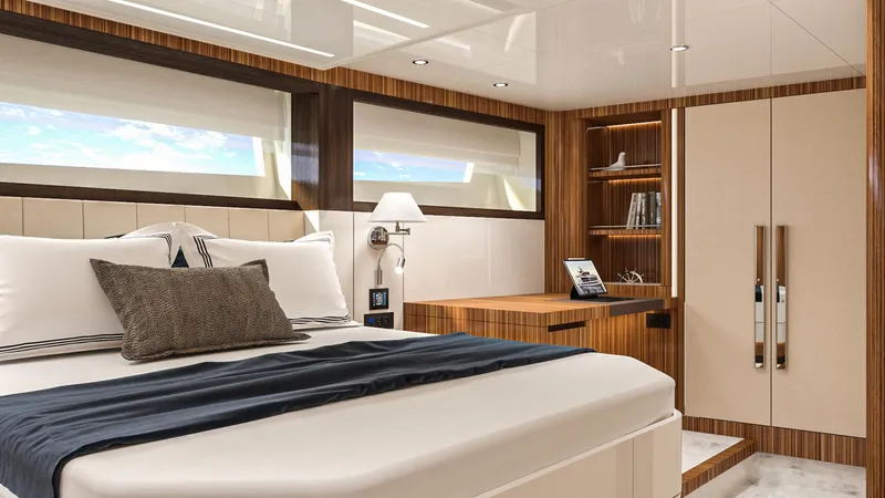 Lazzara Uhv 100 Yacht Photos Pics Luxurious bedroom interior of 2026 Lazzara UVH 100 yacht with modern design and elegant furnishings.