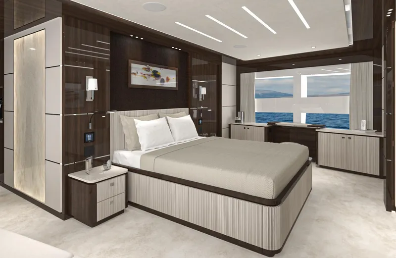 Lazzara Uhv 100 Yacht Photos Pics Luxurious bedroom interior of 2026 Lazzara UVH 100 yacht with ocean view.