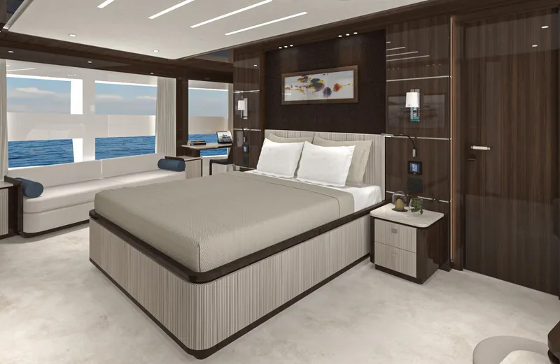 Lazzara Uhv 100 Yacht Photos Pics Luxurious bedroom interior of 2026 Lazzara UVH 100 yacht with ocean view.