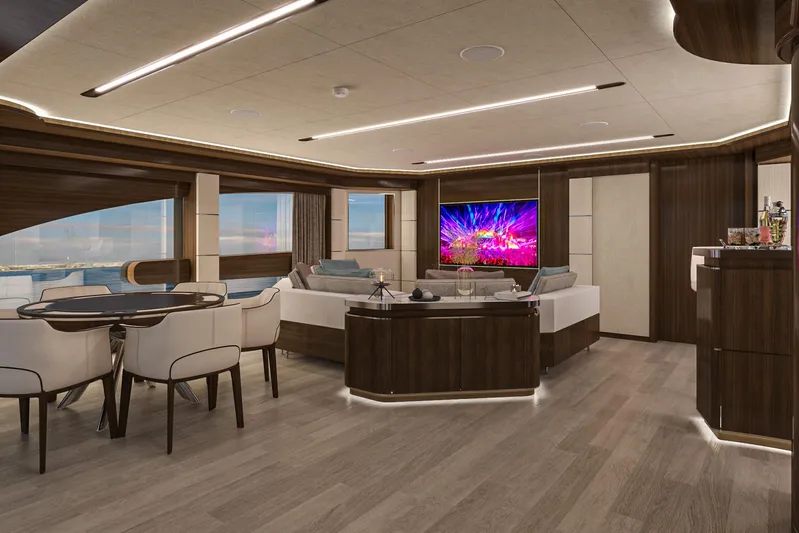 Lazzara Uhv 100 Yacht Photos Pics Luxurious interior of 2026 Lazzara UVH 100 yacht with modern furnishings and large windows.