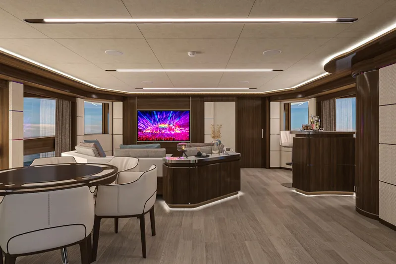 Lazzara Uhv 100 Yacht Photos Pics Luxurious interior of 2026 Lazzara UVH 100 yacht with modern furnishings and large TV.