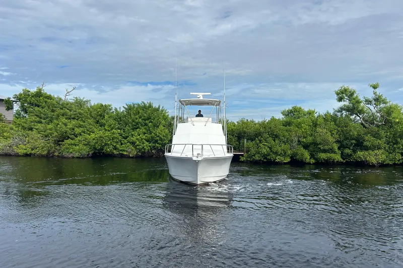 Renegade Yacht Photos Pics 2008 Cabo Yachts Sportfish 35 navigating a serene waterway with lush greenery.