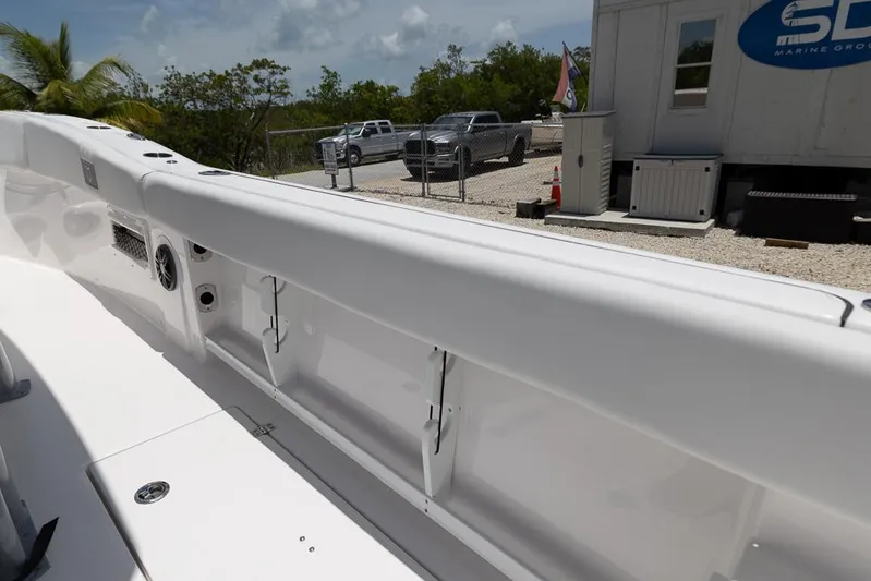  Yacht Photos Pics 2026 Sea Fox 268 Commander boat interior with storage compartments and speakers.