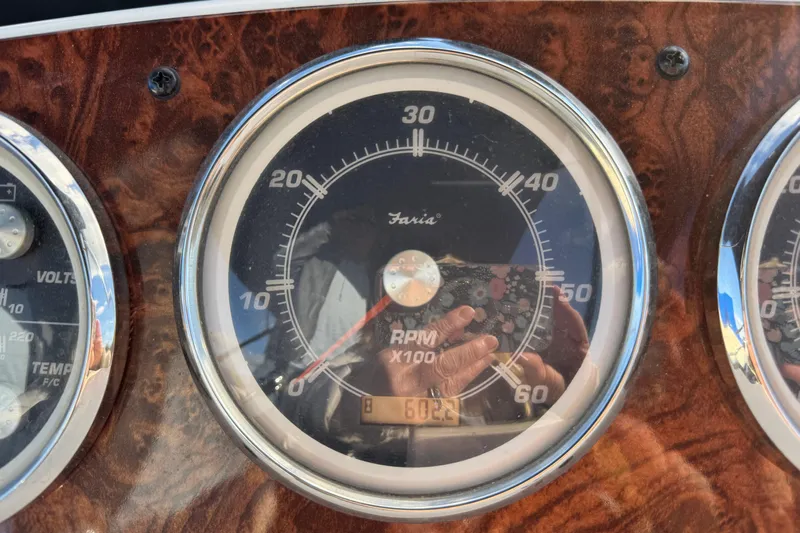 Comfort Zone Yacht Photos Pics Close-up of a 2005 Meridian 368 Motoryacht RPM gauge.