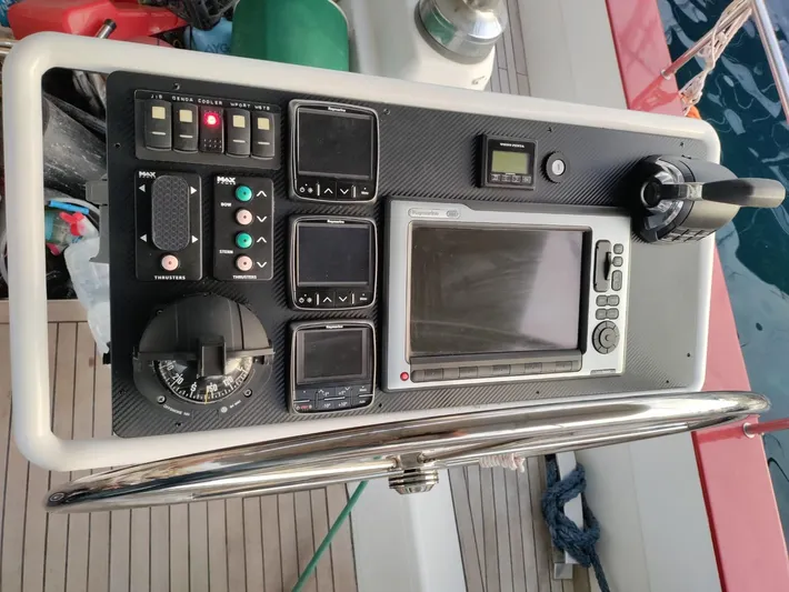 Felitsata II Yacht Photos Pics Control panel of a 2011 Hanse 62 DS yacht with navigation instruments.