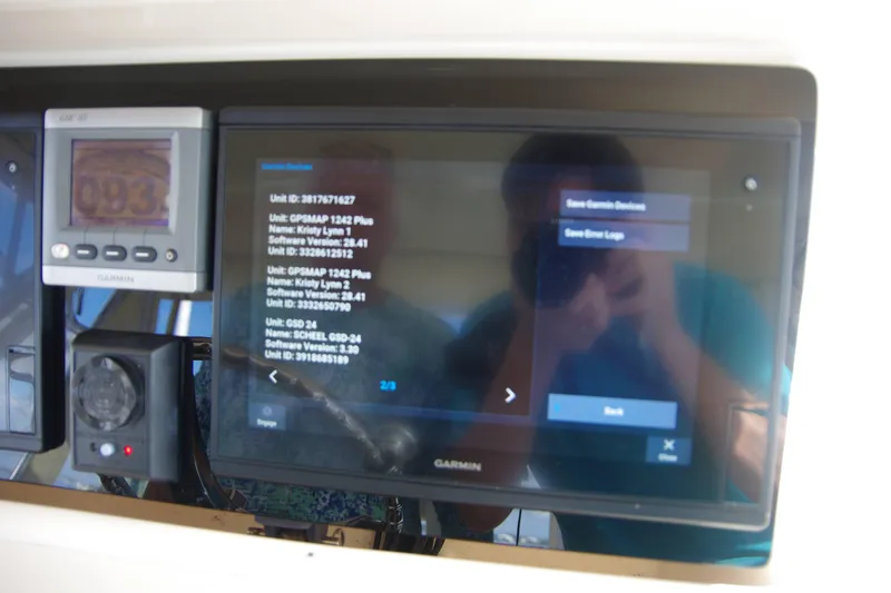 Kristy Lynn Yacht Photos Pics Garmin navigation system on 2010 Grady-White Express 330 boat dashboard.