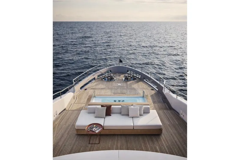 Sd132 Yacht Photos Pics Luxurious Sanlorenzo SD132 yacht deck with pool, 2028 model, overlooking serene ocean.