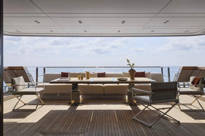 Sd132 Yacht Photos Pics Luxurious Sanlorenzo SD132 yacht deck with elegant seating, ocean view, 2028 model.