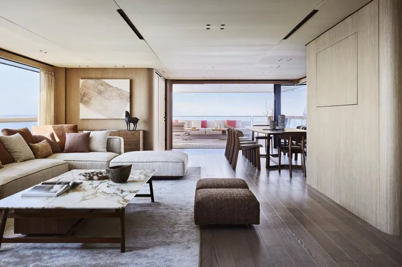 Sd132 Yacht Photos Pics Luxurious interior of 2028 Sanlorenzo SD132 yacht with modern decor and ocean view.