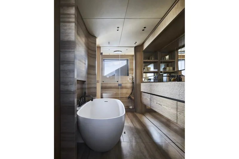 Sd132 Yacht Photos Pics Luxurious bathroom in 2028 Sanlorenzo SD132 yacht with modern design and freestanding tub.