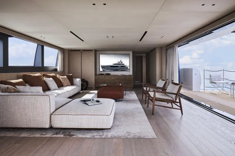 Sd132 Yacht Photos Pics Luxurious interior of 2028 Sanlorenzo SD132 yacht with modern furnishings and ocean view.