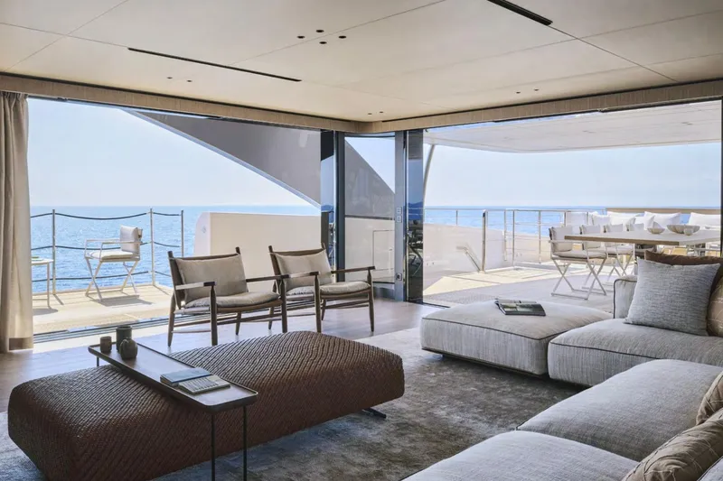 Sd132 Yacht Photos Pics Luxurious interior of 2028 Sanlorenzo SD132 yacht with ocean view and elegant seating.