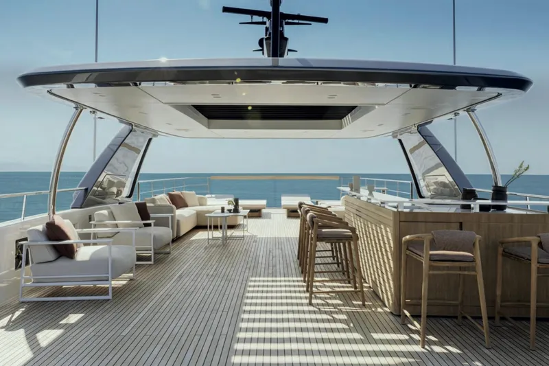 Sd132 Yacht Photos Pics Luxurious Sanlorenzo SD132 yacht deck with elegant seating and ocean view, 2028 model.