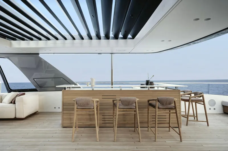 Sd132 Yacht Photos Pics Luxurious Sanlorenzo SD132 yacht deck with bar and seating, 2028 model.