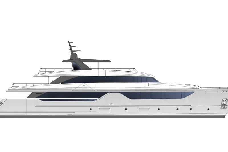 Sd132 Yacht Photos Pics 2028 Sanlorenzo SD132 yacht side view, sleek design, modern luxury vessel.