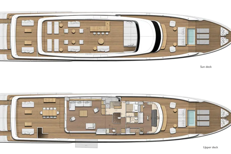 Sd132 Yacht Photos Pics Deck layout of 2028 Sanlorenzo SD132 yacht, featuring sun and upper decks.