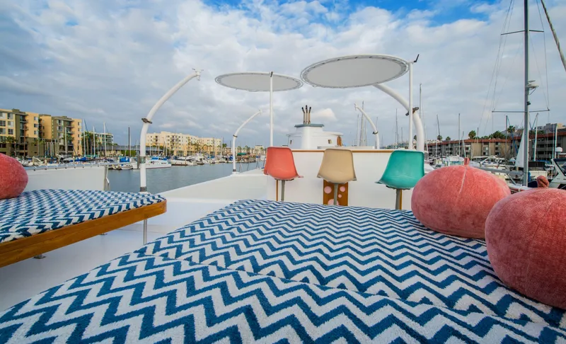 Sobre Las Olas Yacht Photos Pics 1929 Classic Wilmington Boat Works Motor Yacht with chevron-patterned deck seating and colorful cushions.