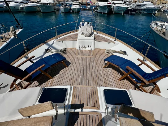  Yacht Photos Pics Deck view of a 1996 Fleming 55 yacht docked in a marina.