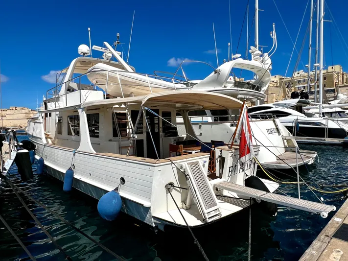  Yacht Photos Pics 1996 Fleming 55 yacht docked at marina, featuring elegant design and spacious deck.