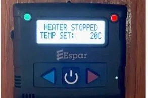 Latte Yacht Photos Pics Espar heater control panel displaying "Heater Stopped" and "Temp Set: 20&deg;C" on a Nauticat 38, 1987.