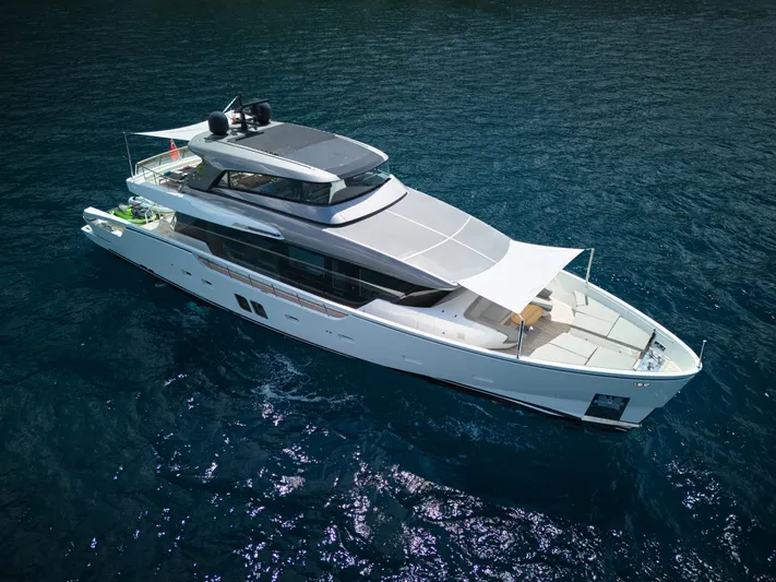  Yacht Photos Pics Luxurious 2020 Sanlorenzo SX88 yacht cruising on serene blue waters.