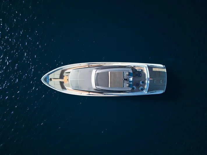  Yacht Photos Pics Aerial view of 2020 Sanlorenzo SX88 yacht on deep blue water.