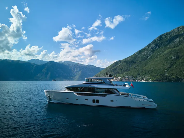  Yacht Photos Pics Luxury Sanlorenzo SX88 yacht cruising in scenic coastal waters, 2020 model.