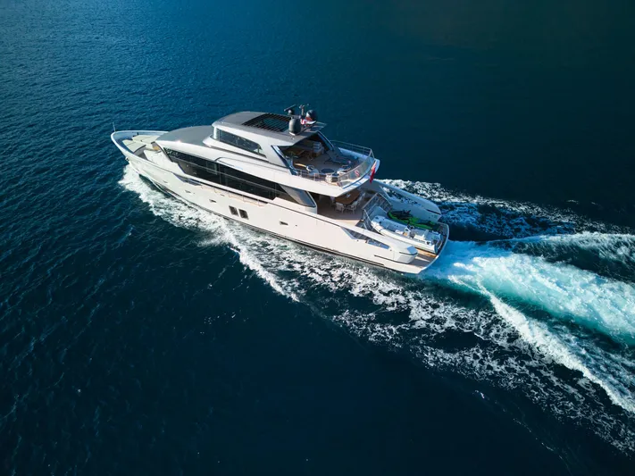 Yacht Photos Pics Sanlorenzo SX88 2020 yacht cruising on open sea, aerial view.