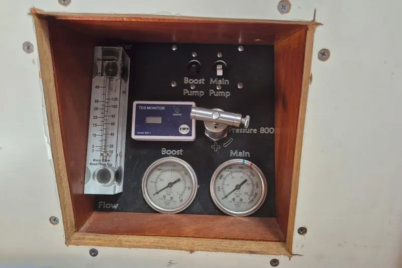 Pearl Yacht Photos Pics Control panel of a 1996 Cape George 36 boat with gauges and TDS monitor.