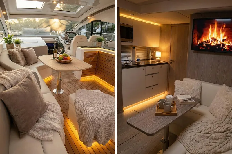  Yacht Photos Pics Luxurious interior of 2024 Sessa Marine C44 Cruiser with elegant seating and ambient lighting.