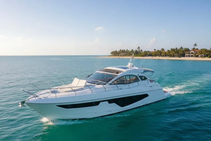  Yacht Photos Pics 2024 Sessa Marine C44 Cruiser yacht sailing on clear blue waters near a tropical coastline.