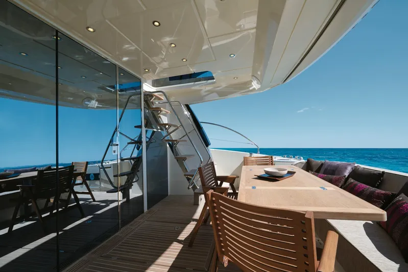 Soulshine Yacht Photos Pics Luxury yacht Beneteau Monte Carlo MC6 2017, featuring elegant outdoor dining area with ocean view.