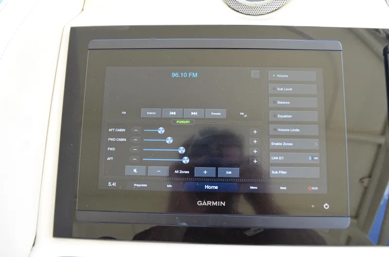  Yacht Photos Pics Garmin touchscreen display on 2016 Chris-Craft Launch 36 boat, showing audio controls.