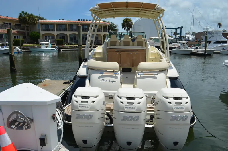  Yacht Photos Pics 2016 Chris-Craft Launch 36 boat with triple 300 horsepower engines docked at marina.