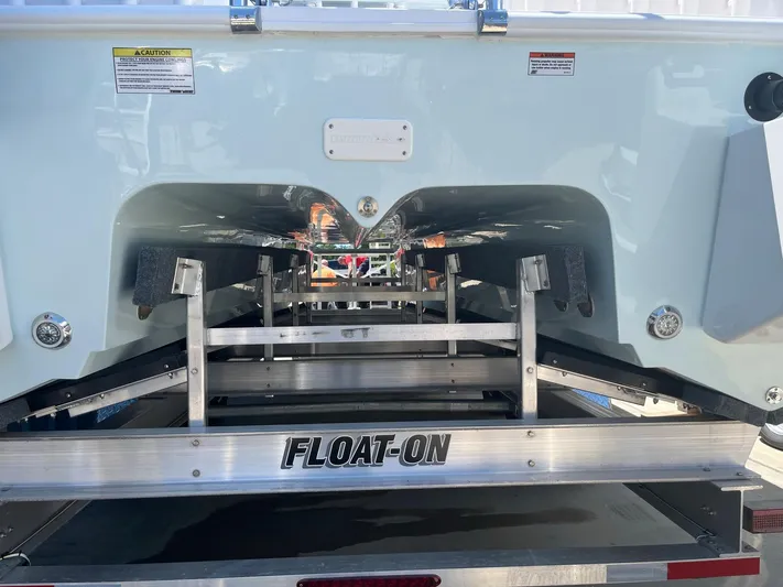  Yacht Photos Pics 2023 Twin Vee 340 GFX boat on a Float-On trailer.