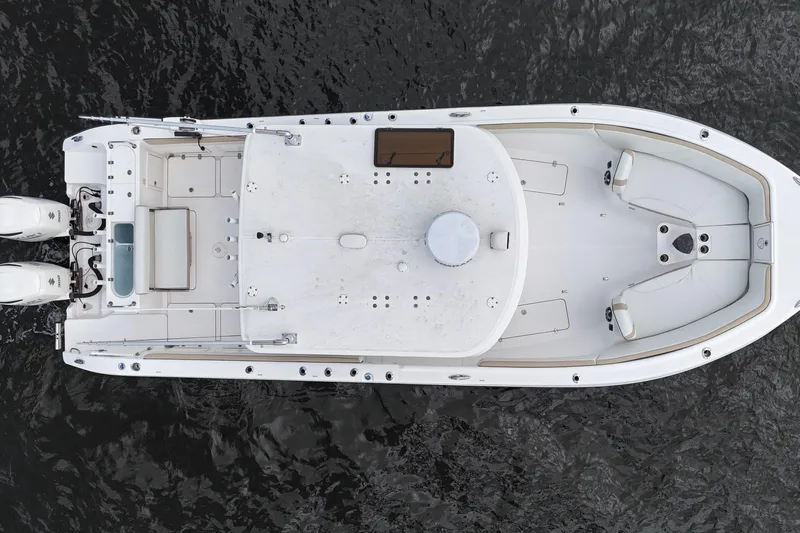 Big Blue Yacht Photos Pics Overhead view of 2017 Century 3200 Center Console boat on water.