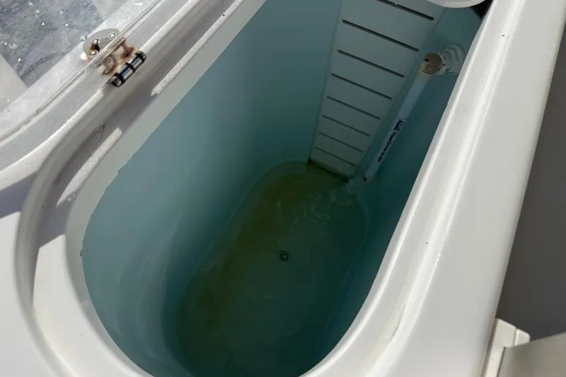 Big Blue Yacht Photos Pics Livewell tank in 2017 Century 3200 Center Console boat, partially filled with water.