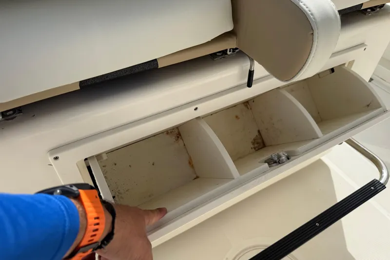 Big Blue Yacht Photos Pics Open storage compartment on 2017 Century 3200 Center Console boat.